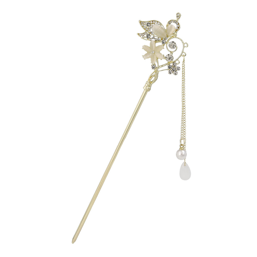 かんざし hair stick メタル 蝶 フラワー ドロップ パール ストーン チェーン 下がり ヘアスティック