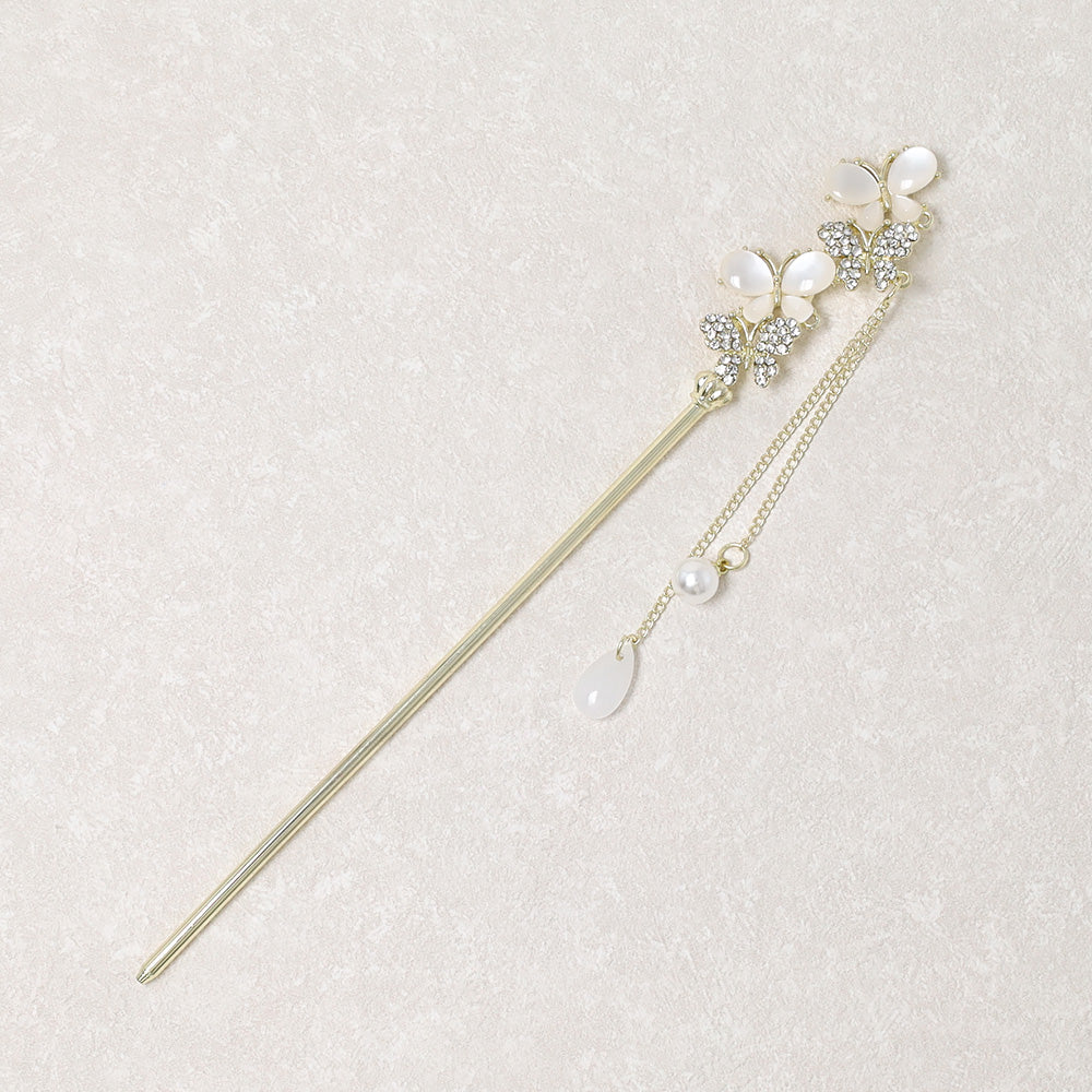 かんざし hair stick メタル 蝶 ドロップ パール ストーン チェーン 下がり ヘアスティック