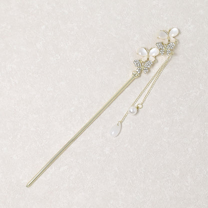 かんざし hair stick メタル 蝶 ドロップ パール ストーン チェーン 下がり ヘアスティック