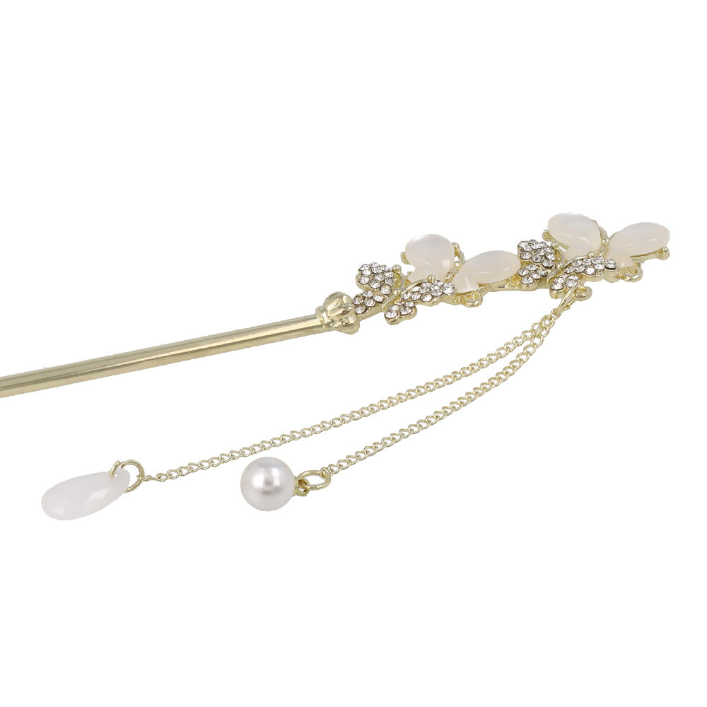 かんざし hair stick メタル 蝶 ドロップ パール ストーン チェーン 下がり ヘアスティック
