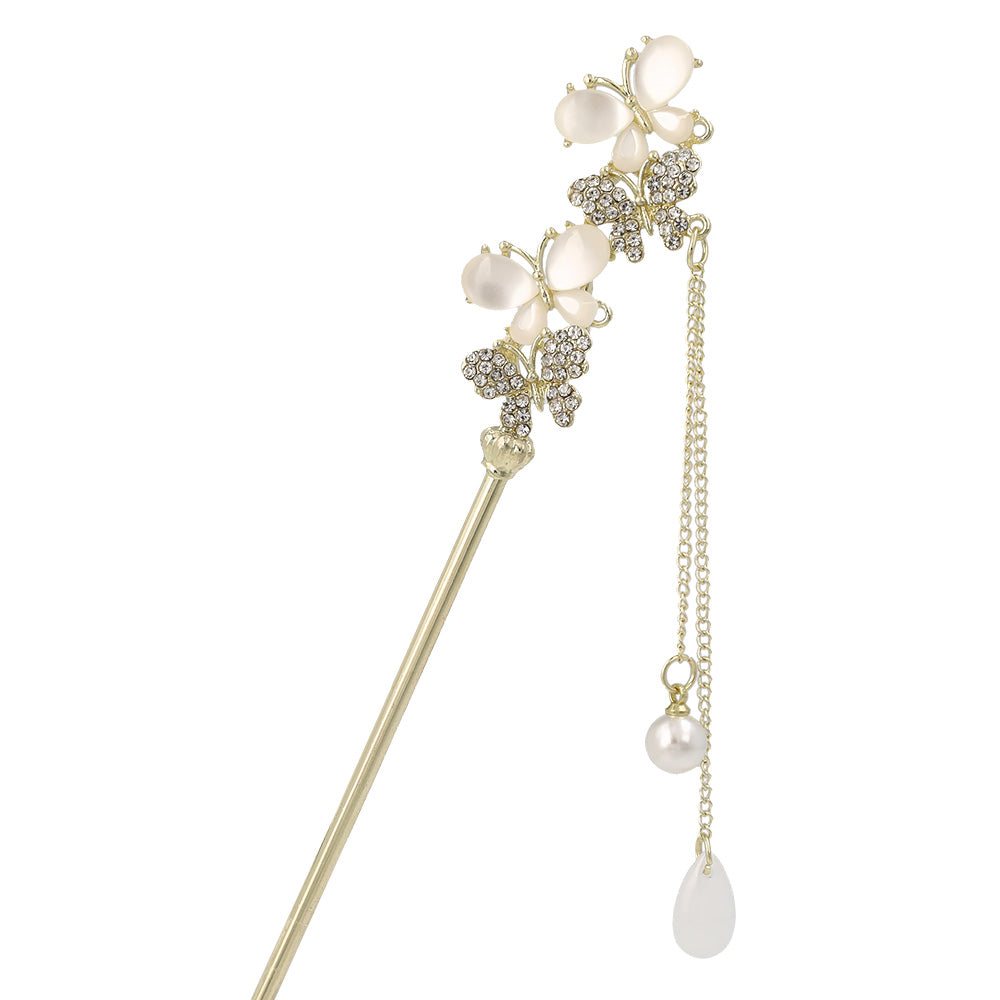 かんざし hair stick メタル 蝶 ドロップ パール ストーン チェーン 下がり ヘアスティック