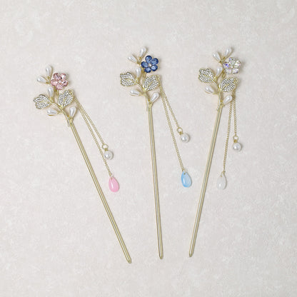 かんざし hair stick メタル フラワー パール ストーン チェーン 下がり