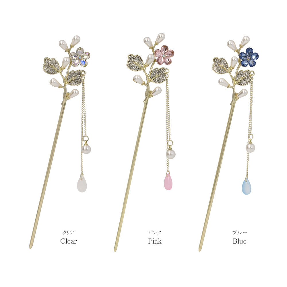 かんざし hair stick メタル フラワー パール ストーン チェーン 下がり