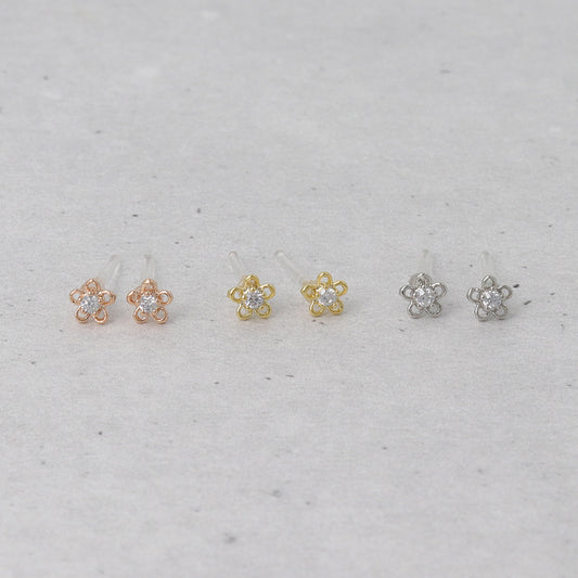 樹脂ピアス ニッケルフリー メタル キュービックジルコニア ミニ 透かし フラワー ストーン スタッドピアス