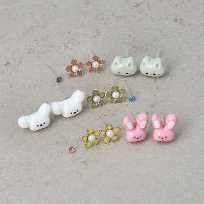 樹脂ピアス ニッケルフリー ねこ いぬ うさぎ ミニ フラワー カラー ストーン 5個セット スタッドピアス