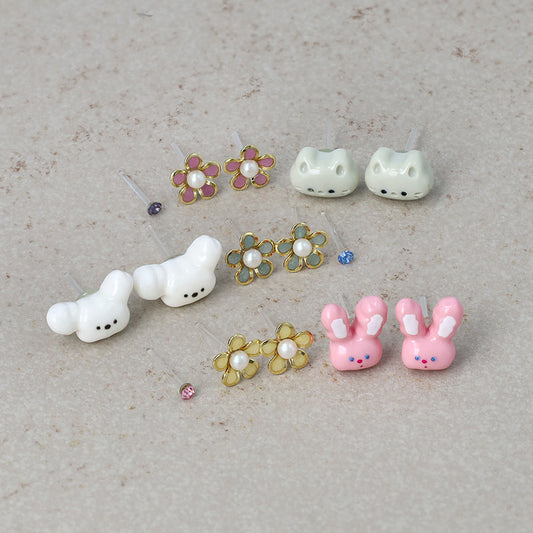 樹脂ピアス ニッケルフリー ねこ いぬ うさぎ ミニ フラワー カラー ストーン 5個セット スタッドピアス