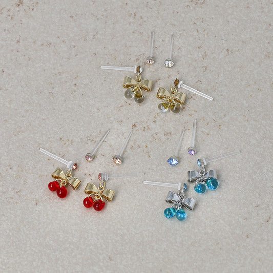 樹脂ピアス ニッケルフリー メタル リボン さくらんぼ ミニ カラー ストーン 4個セット スタッドピアス
