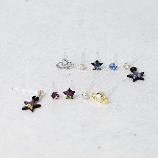 樹脂ピアス ニッケルフリー 星 惑星 ストーン カラー 5個セット スタッドピアス