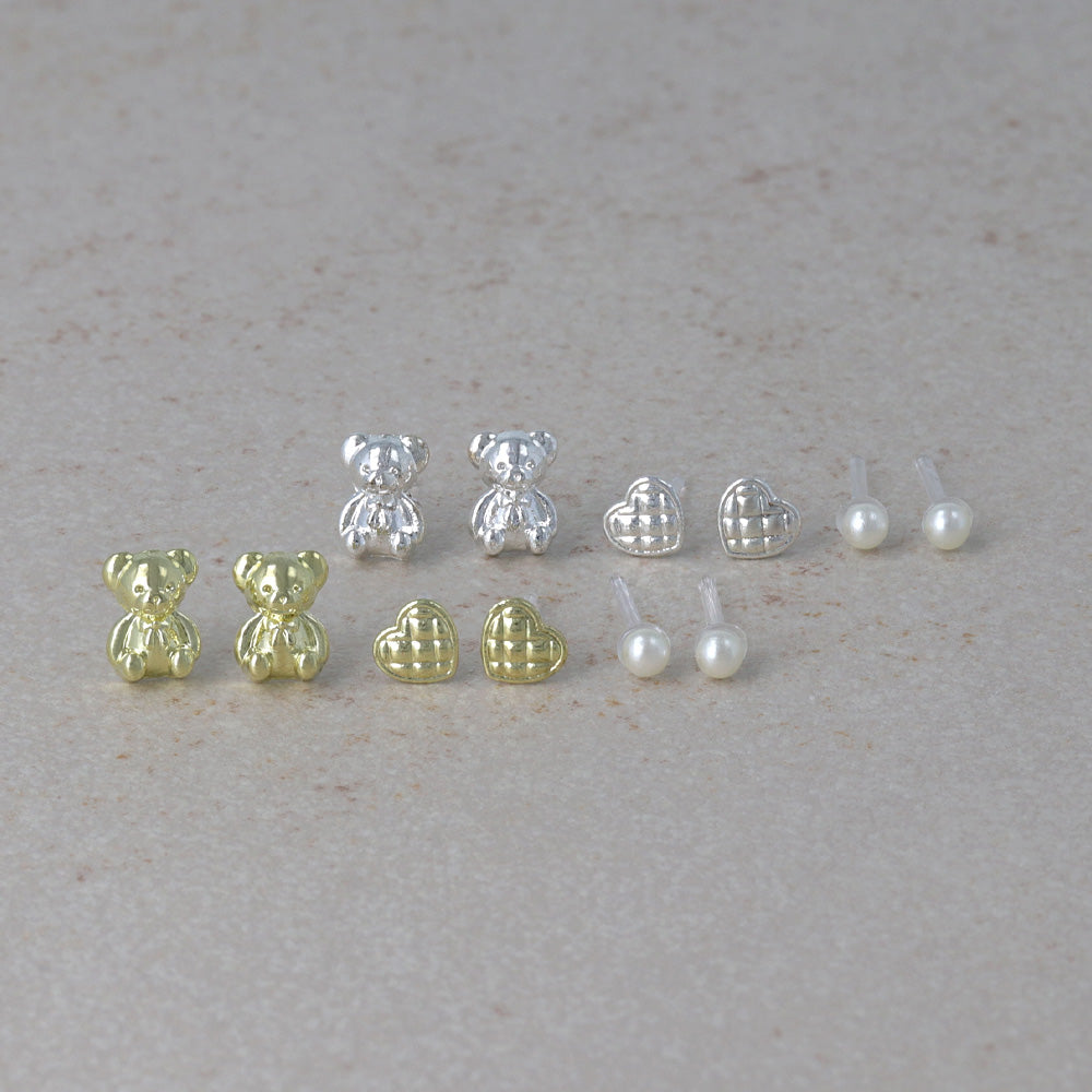樹脂ピアス メタル クマ ハート パール 6個セット スタッドピアス
