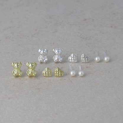 樹脂ピアス メタル クマ ハート パール 6個セット スタッドピアス