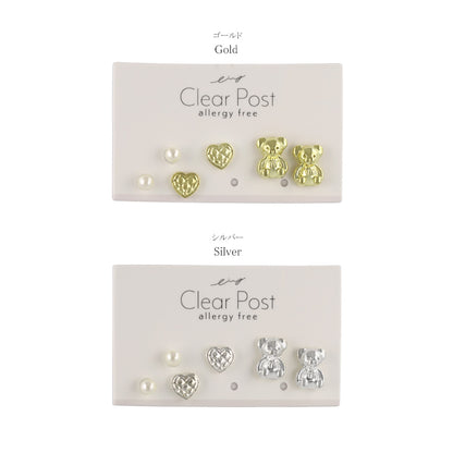 樹脂ピアス メタル クマ ハート パール 6個セット スタッドピアス