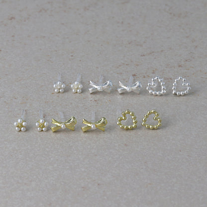 樹脂ピアス メタル ハート リボン フラワー パール 6個セット スタッドピアス