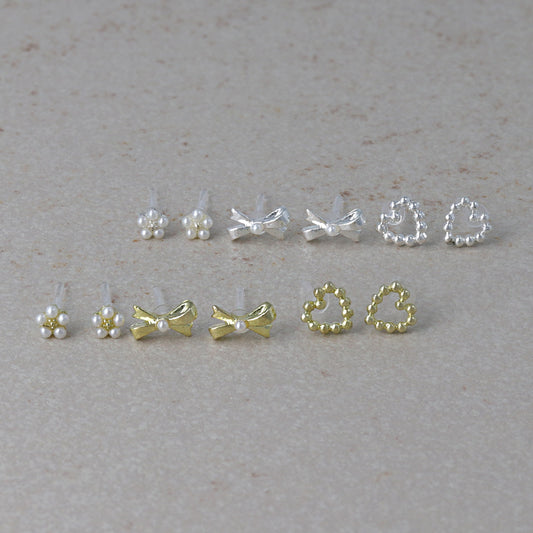 樹脂ピアス メタル ハート リボン フラワー パール 6個セット スタッドピアス