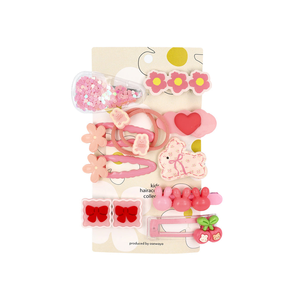 キッズアクセサリー フラワー うさぎ クマ リボン さくらんぼ ハート もこもこ 11個セット ミニ ヘアクリップ ヘアポニー スリーピン