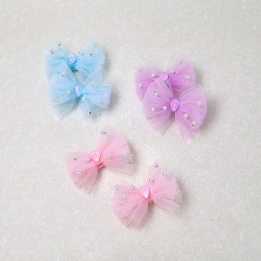 キッズアクセサリー チュール リボン ランダム パール ストーン カラー 2個セット ヘアクリップ