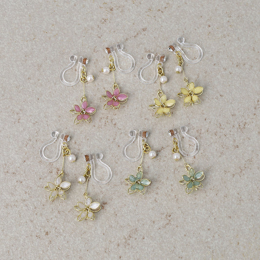 ノンホールピアス ニッケルフリー メタル ワイヤー フラワー ミニ ストーン パール イヤリング 樹脂タイプ