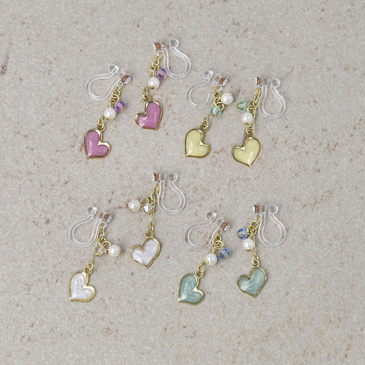 ノンホールピアス ニッケルフリー メタル ハート マーブル ミニ ストーン パール ワイヤー イヤリング 樹脂タイプ