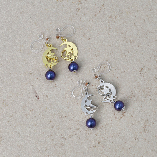 ノンホールピアス ニッケルフリー メタル 三日月 星 惑星 ミニ ストーン パール イヤリング 樹脂タイプ