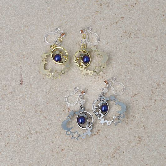 ノンホールピアス ニッケルフリー メタル 月 星 惑星 宇宙 サークル パール ストーン イヤリング 樹脂タイプ