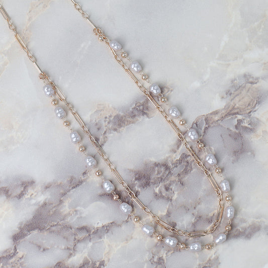 ネックレス ニッケルフリー ロゼシルバー キュービックジルコニア パール ドット オーバルチェーン 2連風 スライドボール ショートネックレス