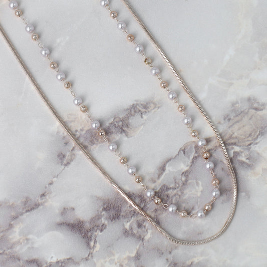 ネックレス ニッケルフリー ロゼシルバー キュービックジルコニア パール メタルボール ドット スネークチェーン 2連 スライドボール ショートネックレス