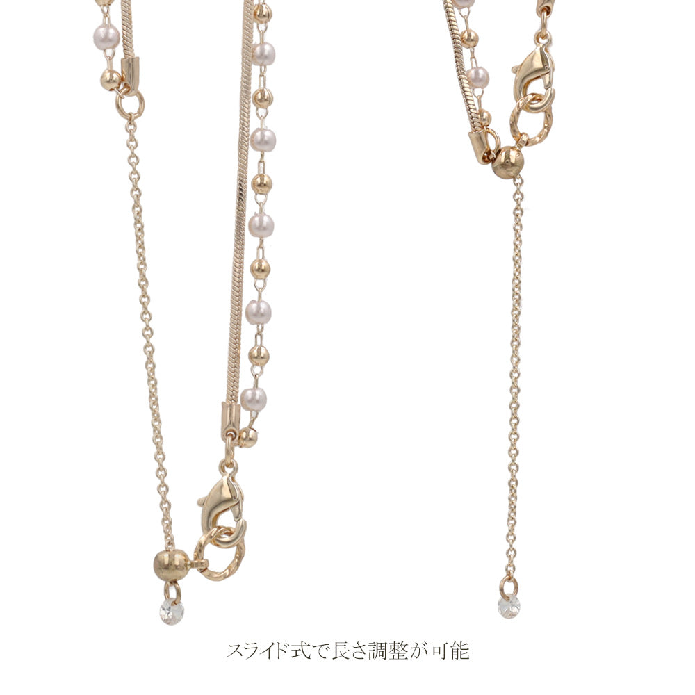 ネックレス ニッケルフリー ロゼシルバー キュービックジルコニア パール メタルボール ドット スネークチェーン 2連 スライドボール ショートネックレス