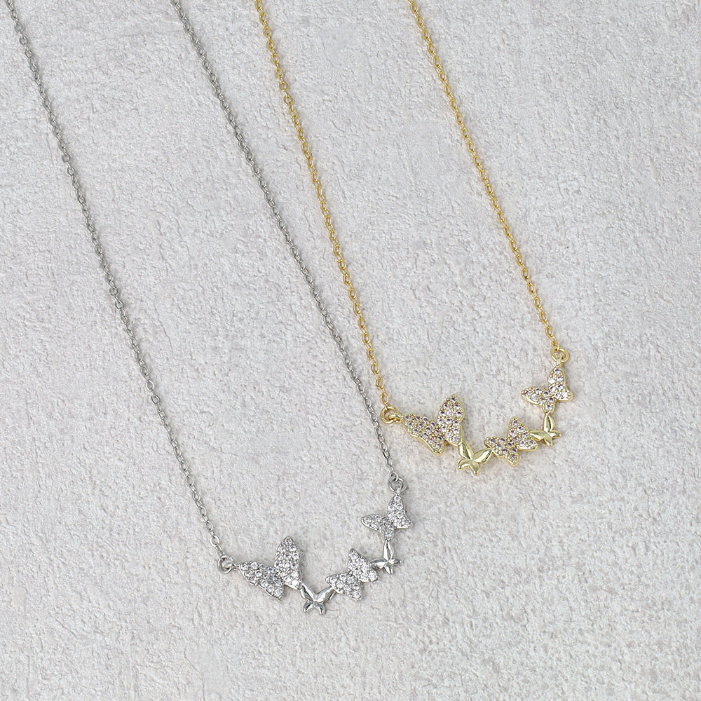 ネックレス ニッケルフリー メタル キュービックジルコニア 蝶 ストーン チェーン ショートネックレス