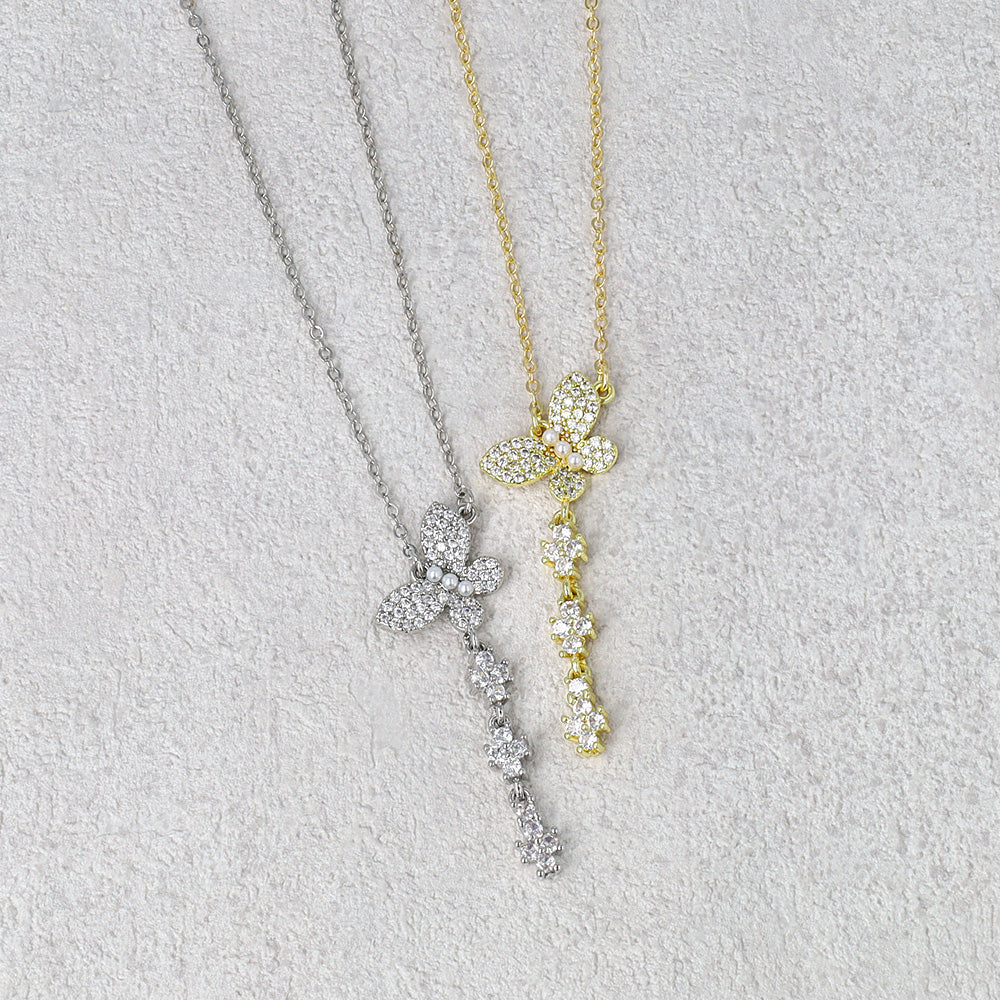 ネックレス ニッケルフリー キュービックジルコニア 蝶 ストーン パール チェーン ショートネックレス