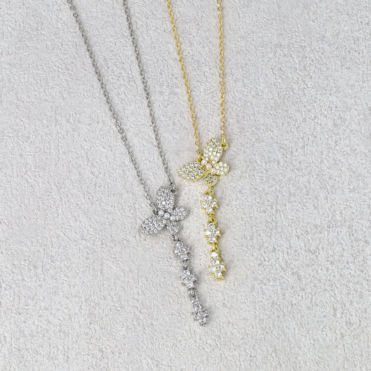 ネックレス ニッケルフリー キュービックジルコニア 蝶 ストーン パール チェーン ショートネックレス