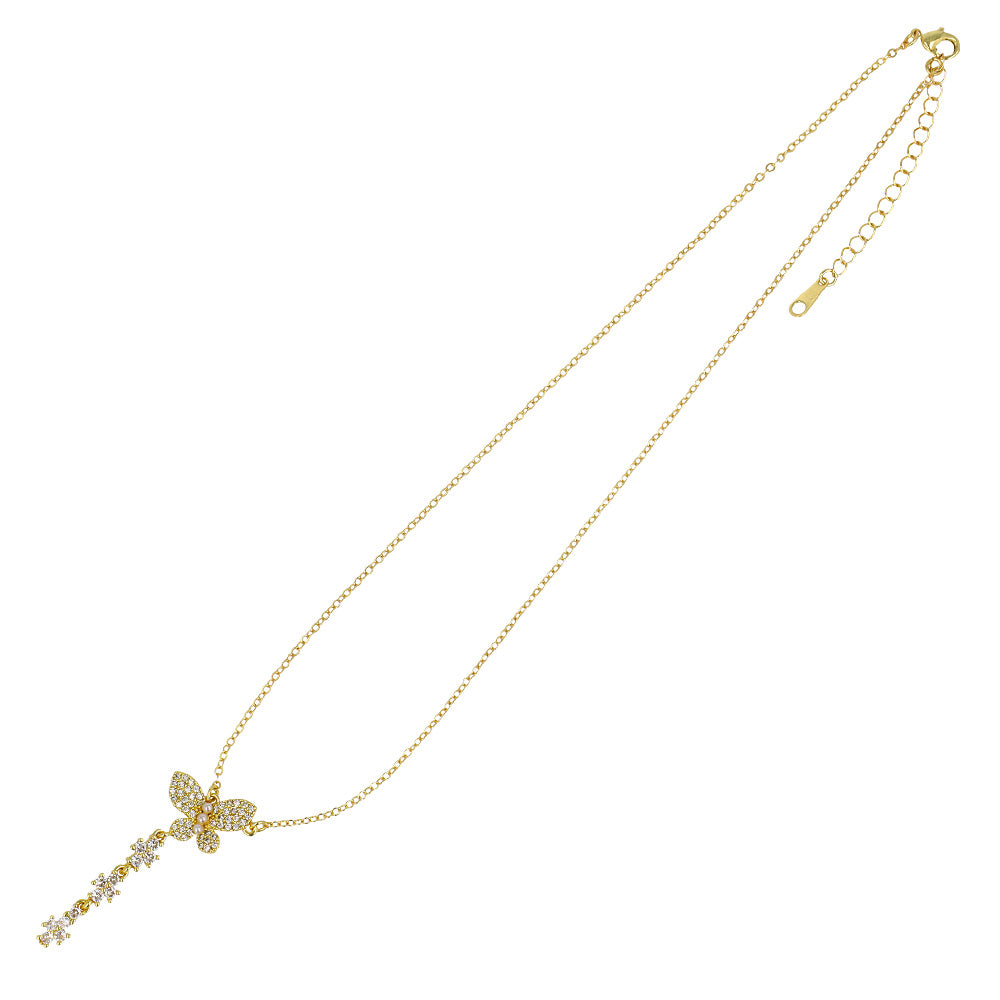 ネックレス ニッケルフリー キュービックジルコニア 蝶 ストーン パール チェーン ショートネックレス