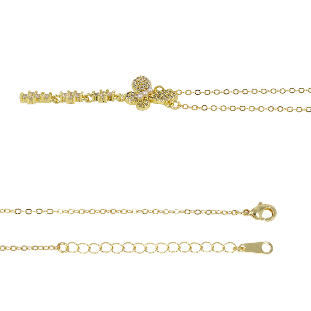 ネックレス ニッケルフリー キュービックジルコニア 蝶 ストーン パール チェーン ショートネックレス