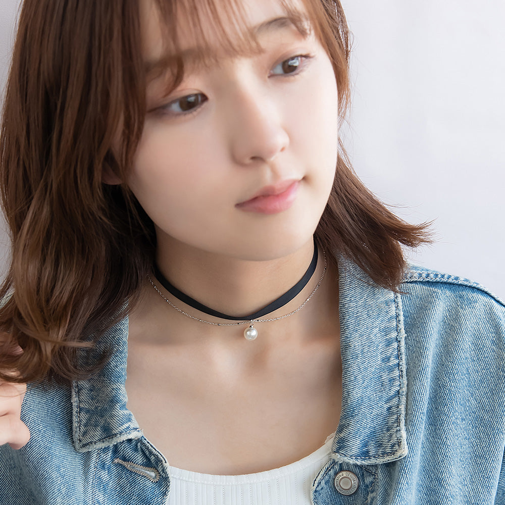 ネックレス ニッケルフリー ブラック リボン ドット チェーン 2連風 パール スライドボール マグネットクラスプ チョーカー
