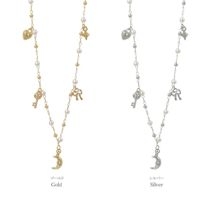 ネックレス ニッケルフリー メタル チャーム ハート 月 鍵 リボン パール ショートネックレス