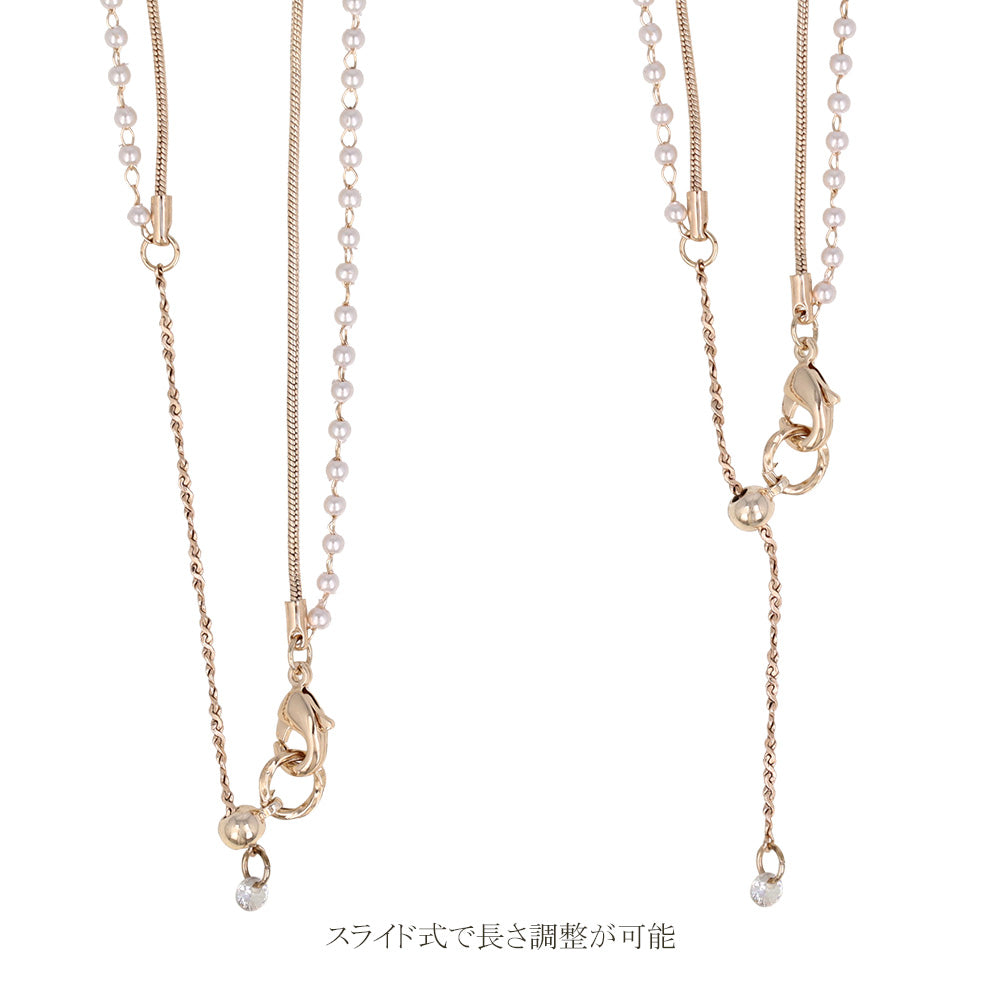 ネックレス ニッケルフリー ロゼシルバー メタル 2連 チェーン パール ストーン スライドボール ショートネックレス