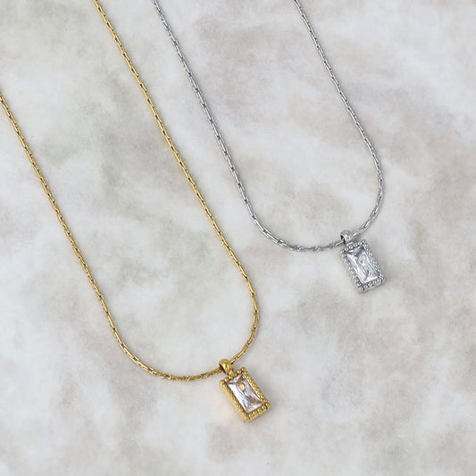 ネックレス ステンレス メタル キュービックジルコニア レクタングル チェーン ショートネックレス
