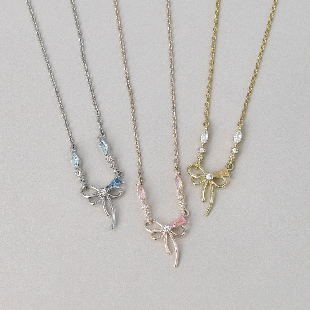 ネックレス ニッケルフリー メタル キュービックジルコニア リボン プチネックレス