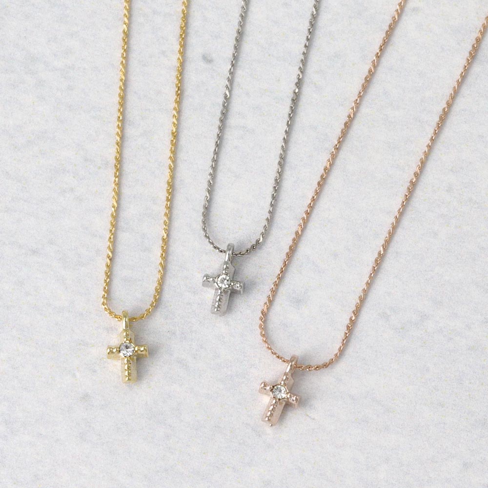 ネックレス tiny. ニッケルフリー メタル クロス ストーン 小粒 超極細 チェーン プチネックレス