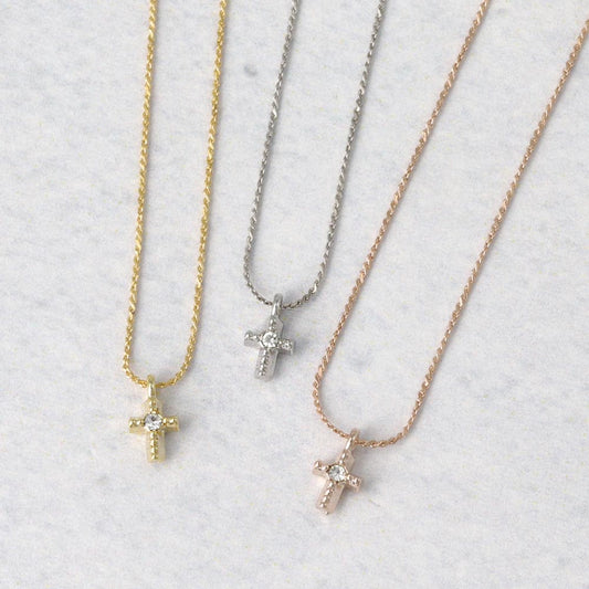 ネックレス tiny. ニッケルフリー メタル クロス ストーン 小粒 超極細 チェーン プチネックレス