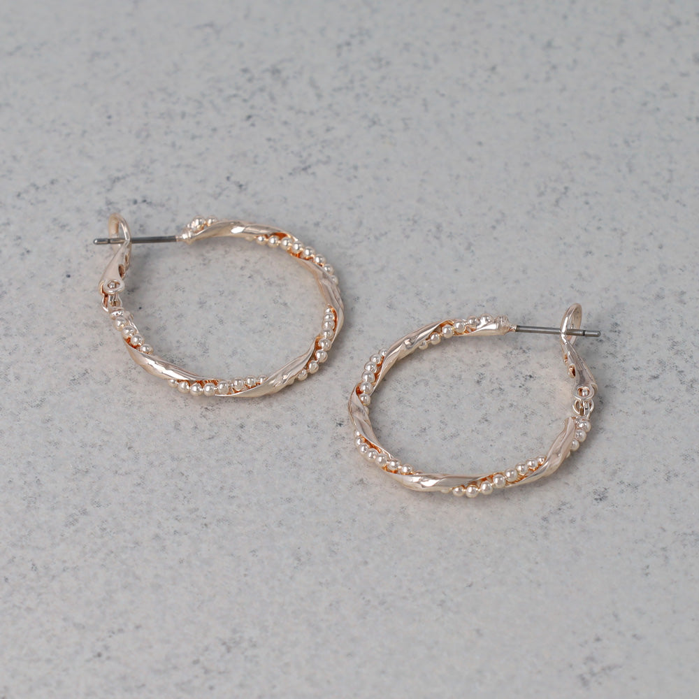 ピアス ニッケルフリー ロゼシルバー ボールチェーン プレート ツイスト チタンポスト フープピアス