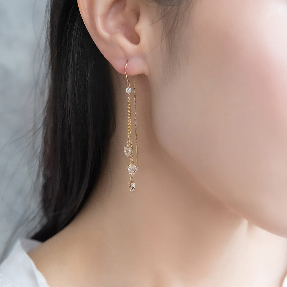 ピアス REFLET ニッケルフリー キュービックジルコニア トリプル ハート メタル ロング チェーン U字 アメリカンピアス