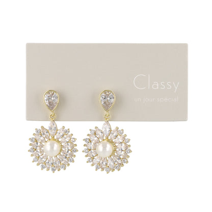 Classy ピアス ニッケルフリー メタル キュービックジルコニア サークル フラワー パール チタンポスト スタッドピアス