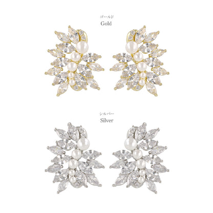 Classy ピアス ニッケルフリー メタル キュービックジルコニア リーフ パール チタンポスト スタッドピアス