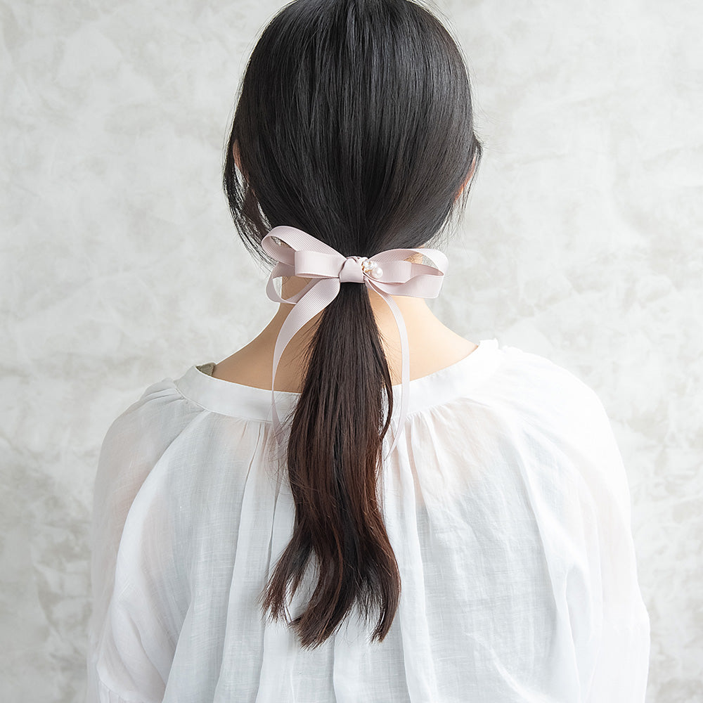 ヘアゴム ロングダブルリボン パール ストーン