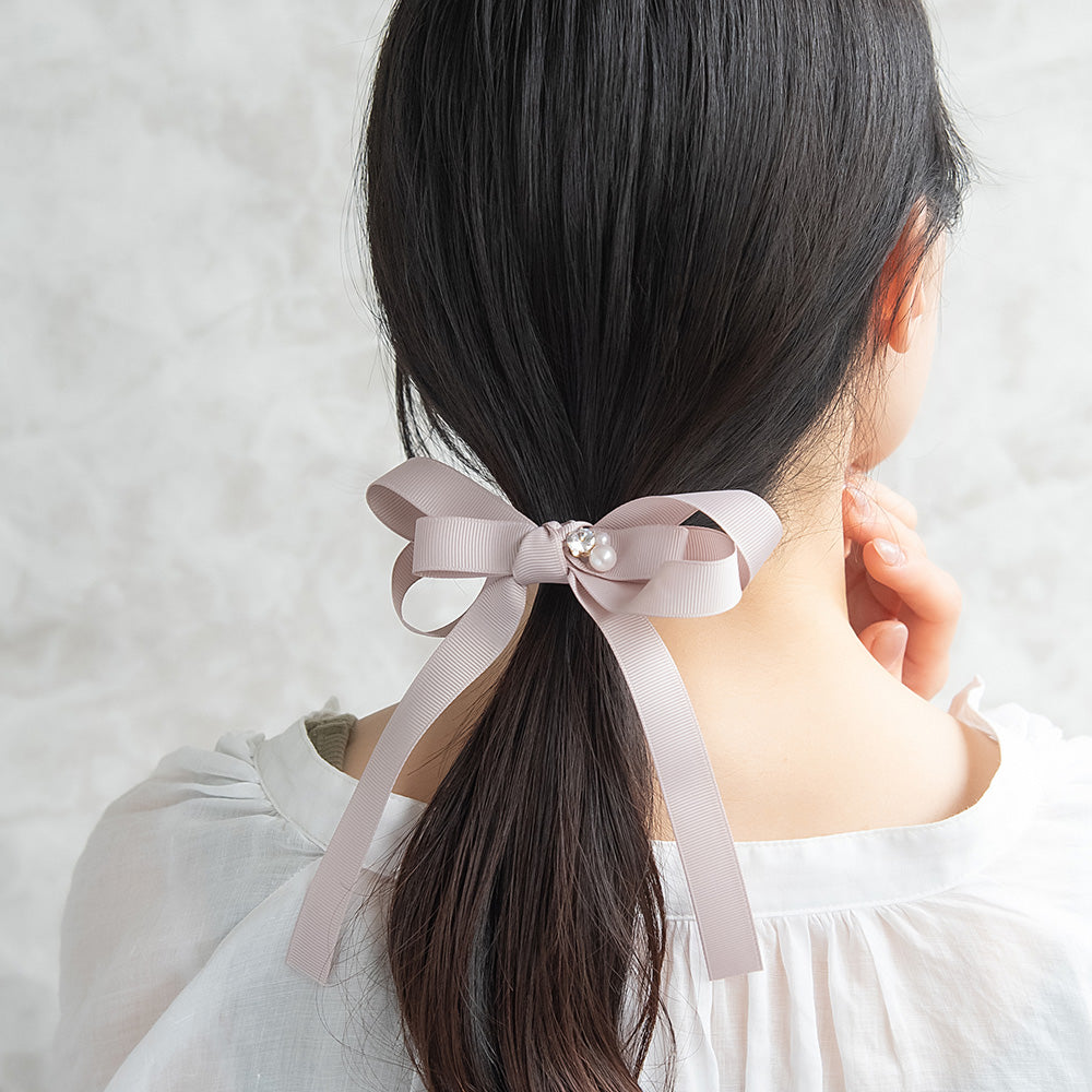 ヘアゴム ロングダブルリボン パール ストーン