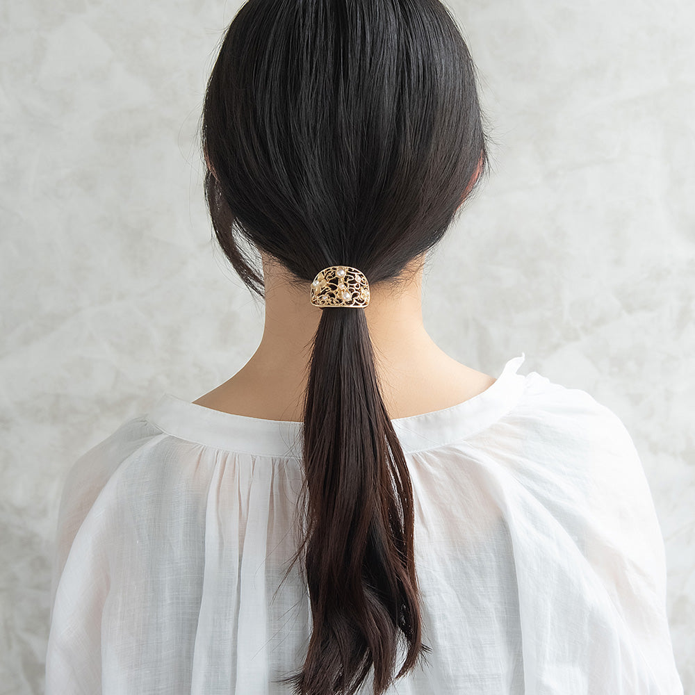 ヘアゴム mini tsukekae pony メタル 透かし フラワー パール ヘアゴム2本付き（ブラウン/ブラック）