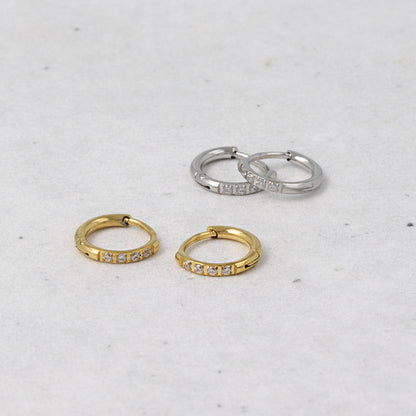 ピアス ステンレス メタル キュービックジルコニア 4粒 直径8mm 幅1.2mm キャッチレス ワンタッチ サージカルステンレスポスト フープピアス