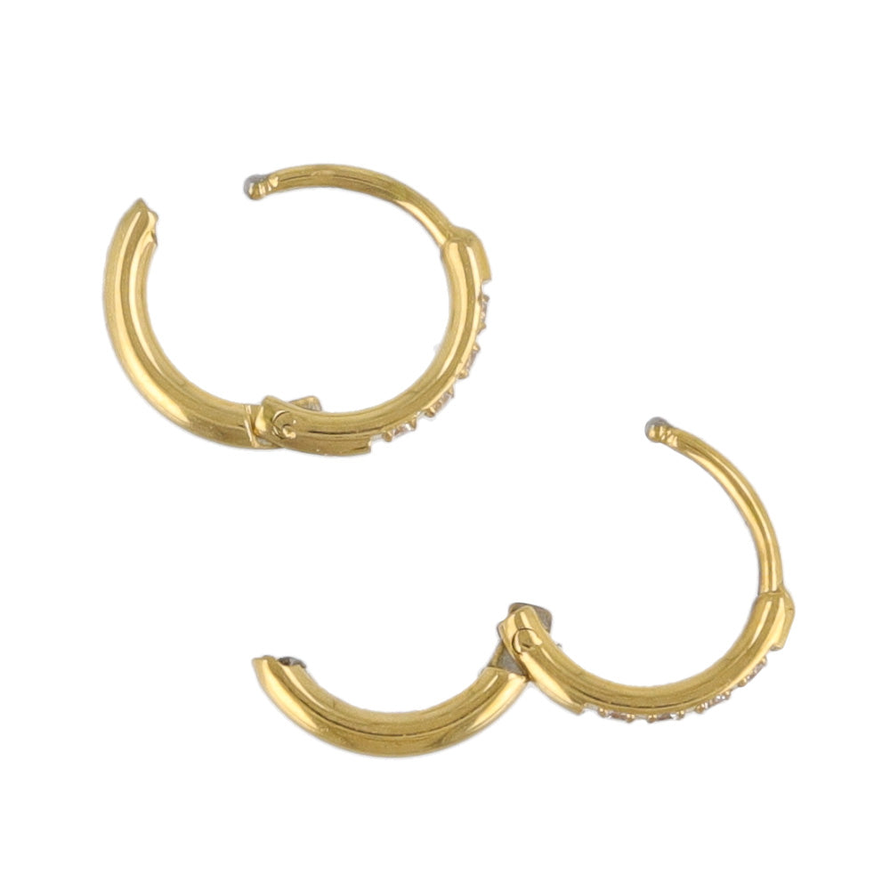 ピアス ステンレス メタル キュービックジルコニア 4粒 直径8mm 幅1.2mm キャッチレス ワンタッチ サージカルステンレスポスト フープピアス