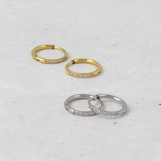 ピアス ステンレス メタル キュービックジルコニア 5粒 直径10mm 幅1.2mm キャッチレス ワンタッチ サージカルステンレスポスト フープピアス