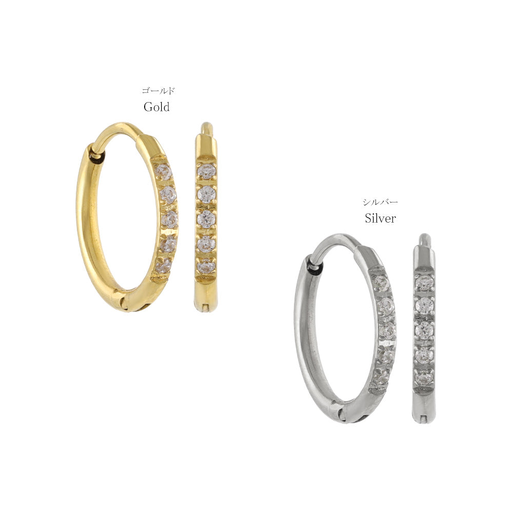 ピアス ステンレス メタル キュービックジルコニア 5粒 直径10mm 幅1.2mm キャッチレス ワンタッチ サージカルステンレスポスト フープピアス