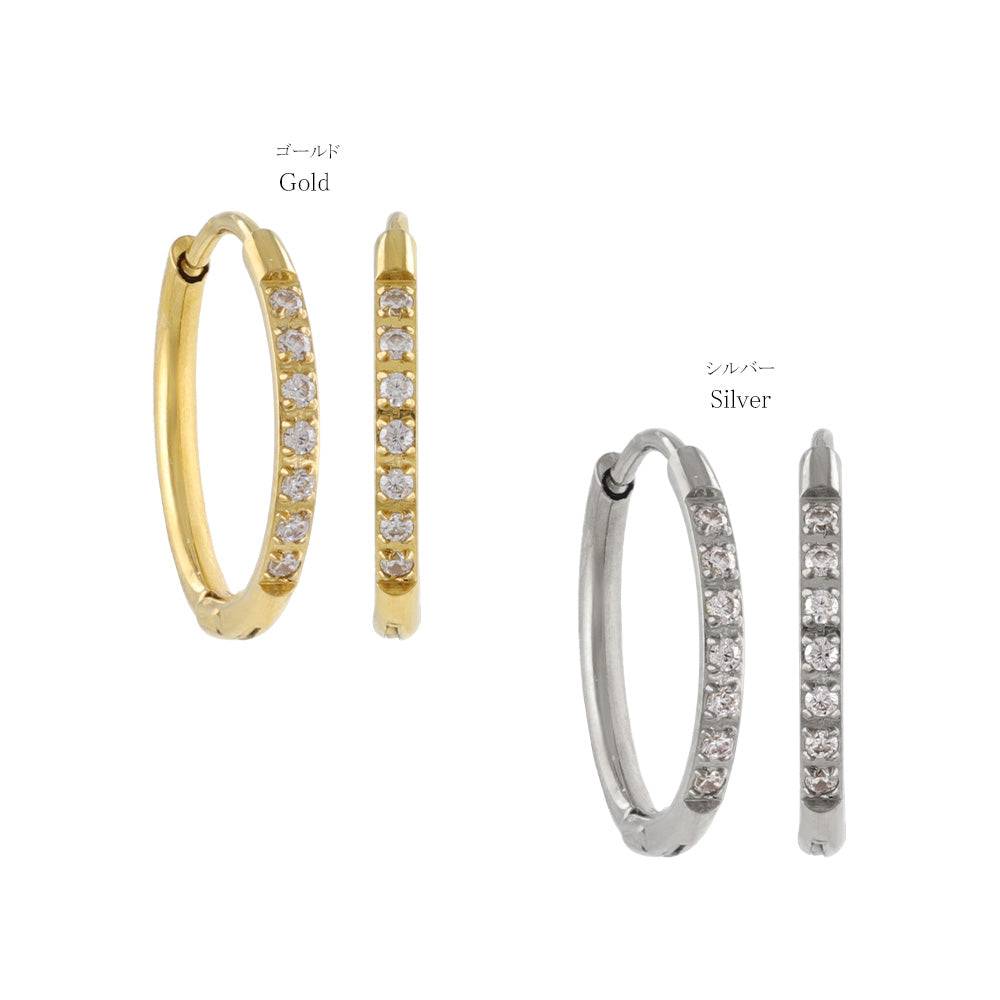 ピアス ステンレス メタル キュービックジルコニア 7粒 直径12mm 幅1.2mm キャッチレス ワンタッチ サージカルステンレスポスト フープピアス